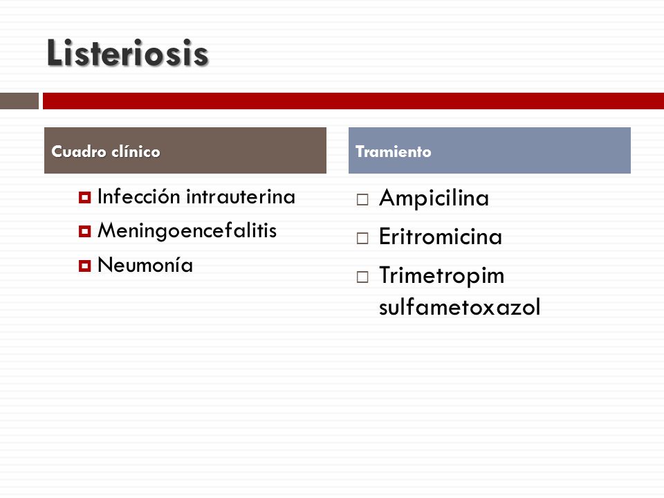 Listeriosis Ampicilina Eritromicina Trimetropim sulfametoxazol