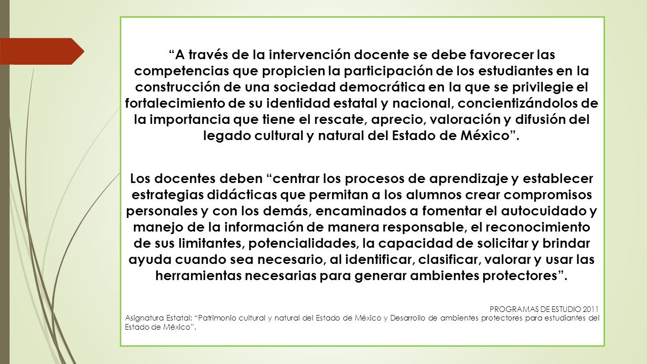 A través de la intervención docente se debe favorecer las competencias que propicien la participación de los estudiantes en la construcción de una sociedad democrática en la que se privilegie el fortalecimiento de su identidad estatal y nacional, concientizándolos de la importancia que tiene el rescate, aprecio, valoración y difusión del legado cultural y natural del Estado de México .