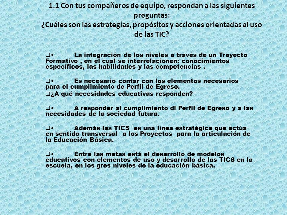 1.1 Con tus compañeros de equipo, respondan a las siguientes preguntas: ¿Cuáles son las estrategias, propósitos y acciones orientadas al uso de las TIC