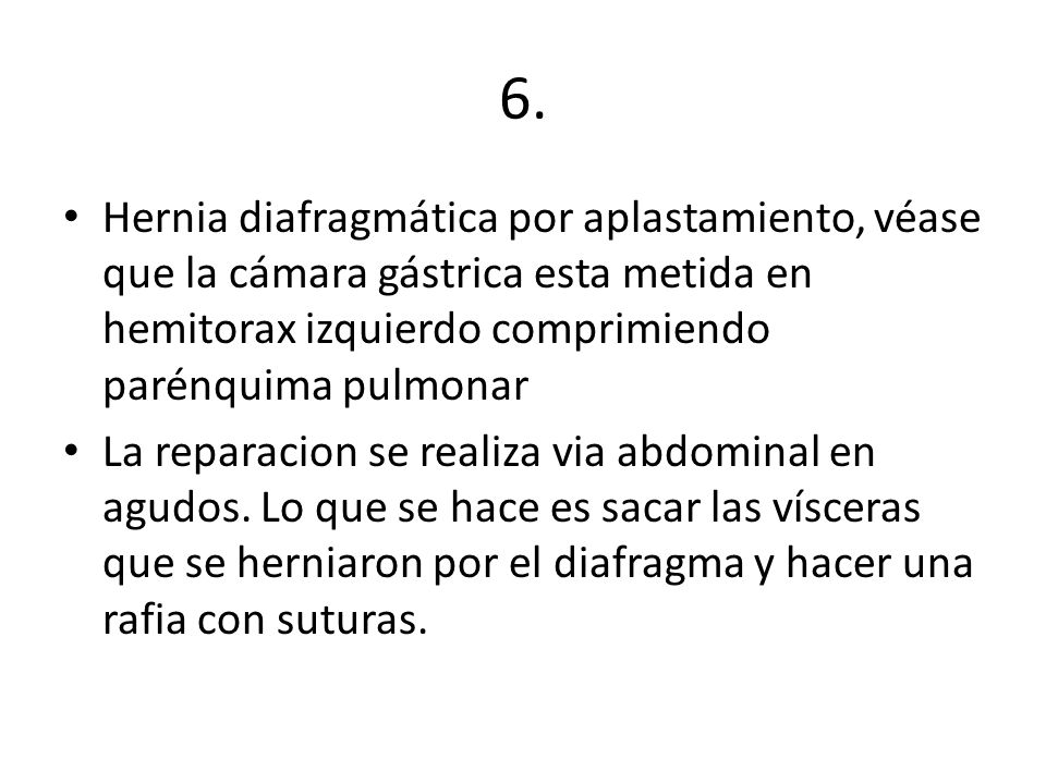 6. Hernia diafragmática por aplastamiento, véase que la cámara gástrica esta metida en hemitorax izquierdo comprimiendo parénquima pulmonar.