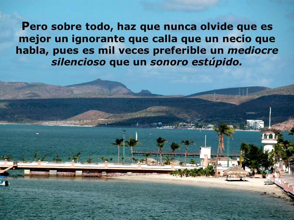Pero sobre todo, haz que nunca olvide que es mejor un ignorante que calla que un necio que habla, pues es mil veces preferible un mediocre silencioso que un sonoro estúpido.