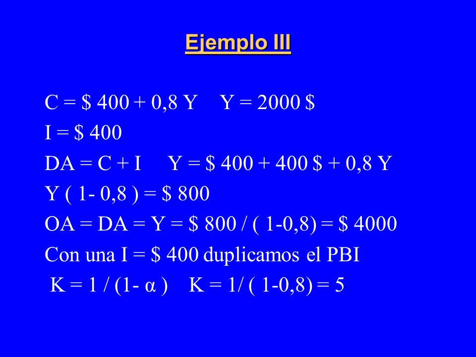 Ejemplo III C = $ ,8 Y Y = 2000 $ I = $ 400. DA = C + I Y = $ $ + 0,8 Y. Y ( 1- 0,8 ) = $ 800.