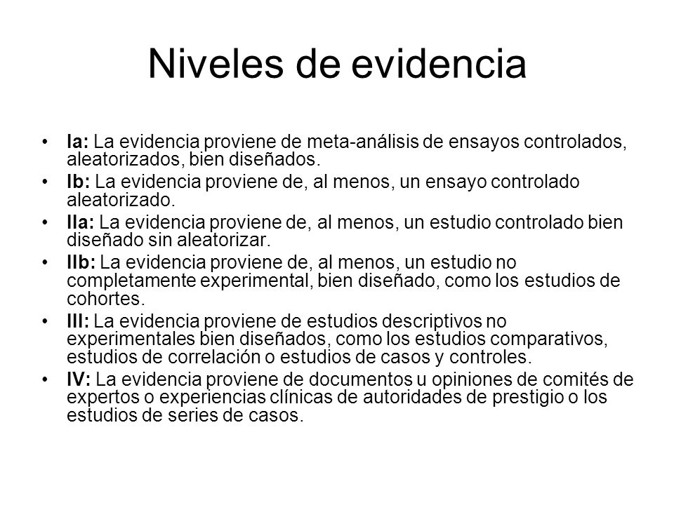 Niveles de evidencia Ia: La evidencia proviene de meta-análisis de ensayos controlados, aleatorizados, bien diseñados.
