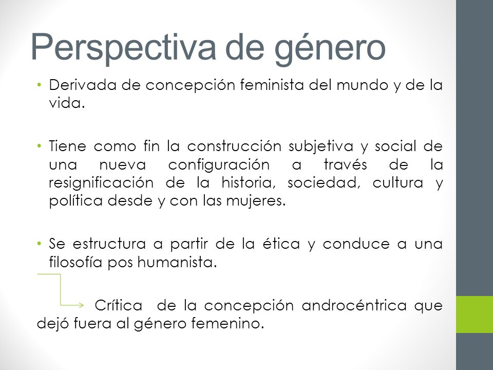 Perspectiva de género Derivada de concepción feminista del mundo y de la vida.