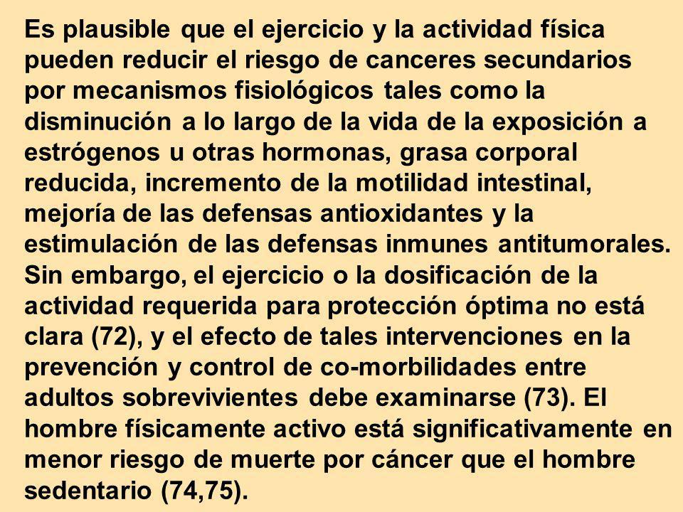 Es plausible que el ejercicio y la actividad física pueden reducir el riesgo de canceres secundarios por mecanismos fisiológicos tales como la disminución a lo largo de la vida de la exposición a estrógenos u otras hormonas, grasa corporal reducida, incremento de la motilidad intestinal, mejoría de las defensas antioxidantes y la estimulación de las defensas inmunes antitumorales. Sin embargo, el ejercicio o la dosificación de la actividad requerida para protección óptima no está clara (72), y el efecto de tales intervenciones en la prevención y control de co-morbilidades entre adultos sobrevivientes debe examinarse (73). El hombre físicamente activo está significativamente en menor riesgo de muerte por cáncer que el hombre sedentario (74,75).