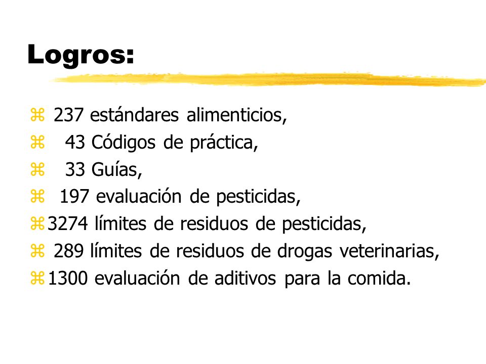 Logros: 237 estándares alimenticios, 43 Códigos de práctica, 33 Guías,