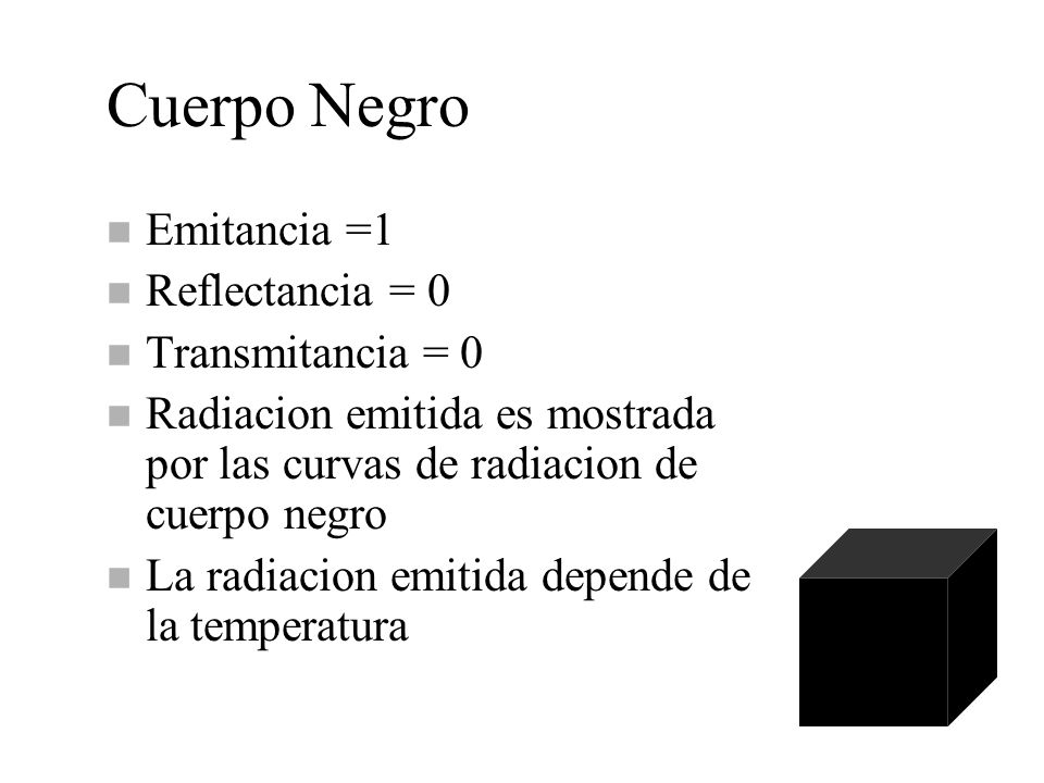 Cuerpo Negro Emitancia =1 Reflectancia = 0 Transmitancia = 0