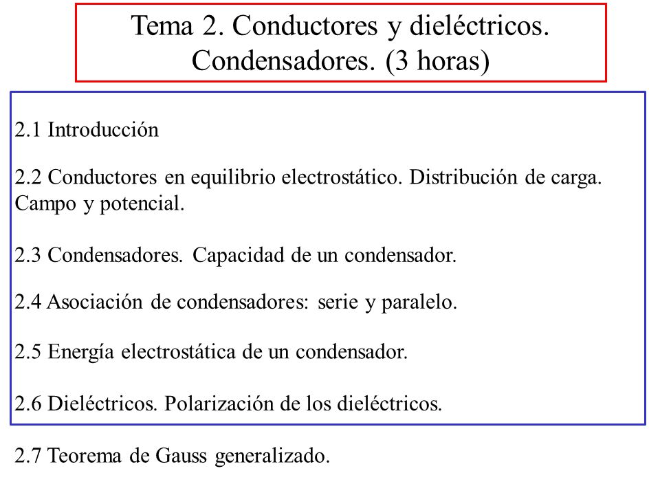 Tema 2. Conductores y dieléctricos. Condensadores. (3 horas)