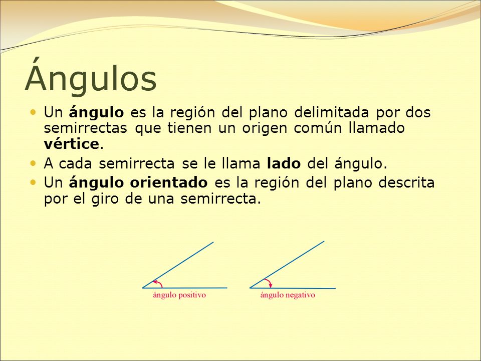 Ángulos Un ángulo es la región del plano delimitada por dos semirrectas que tienen un origen común llamado vértice.