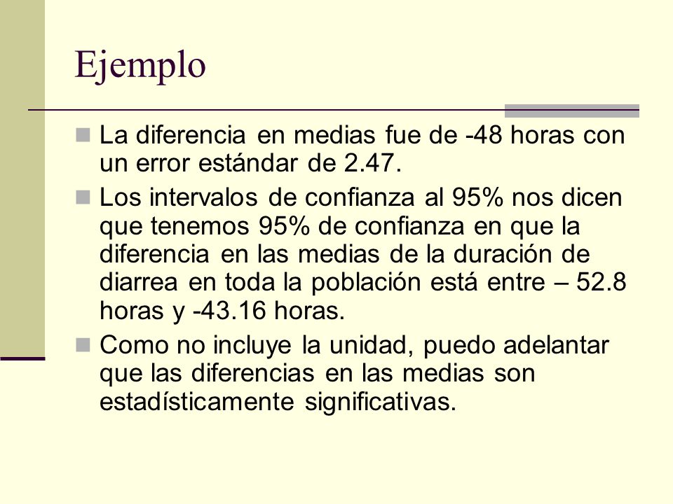 Ejemplo La diferencia en medias fue de -48 horas con un error estándar de