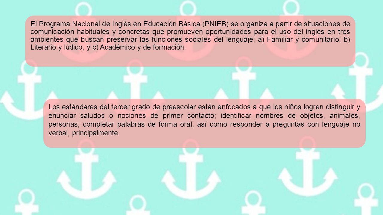 El Programa Nacional de Inglés en Educación Básica (PNIEB) se organiza a partir de situaciones de comunicación habituales y concretas que promueven oportunidades para el uso del inglés en tres ambientes que buscan preservar las funciones sociales del lenguaje: a) Familiar y comunitario; b) Literario y lúdico, y c) Académico y de formación.