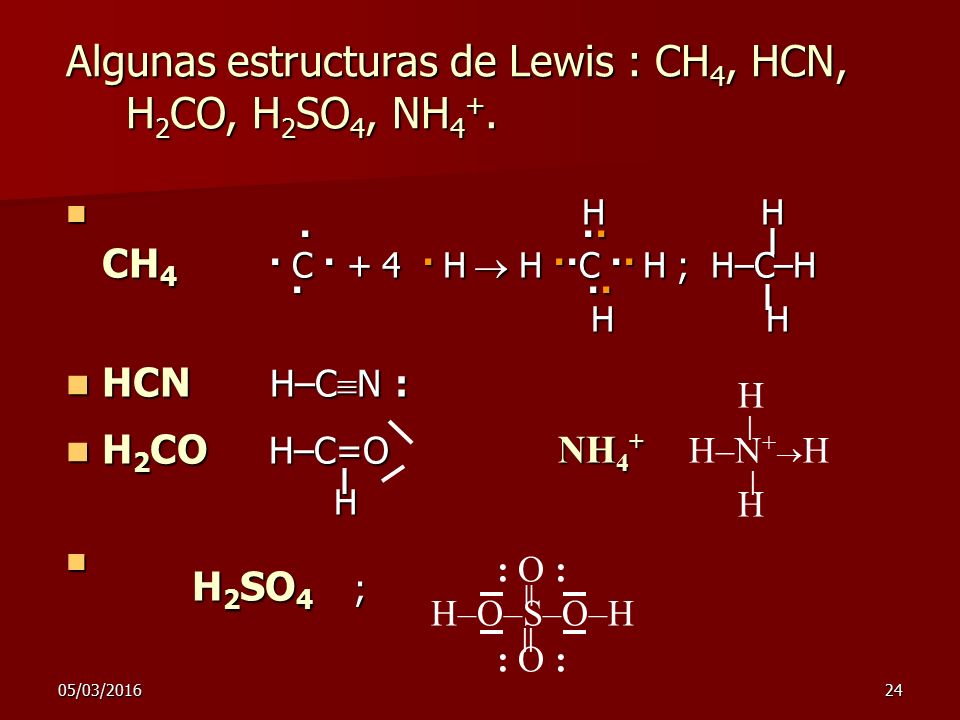 Algunas estructuras de Lewis : CH4, HCN, H2CO, H2SO4, NH4+.