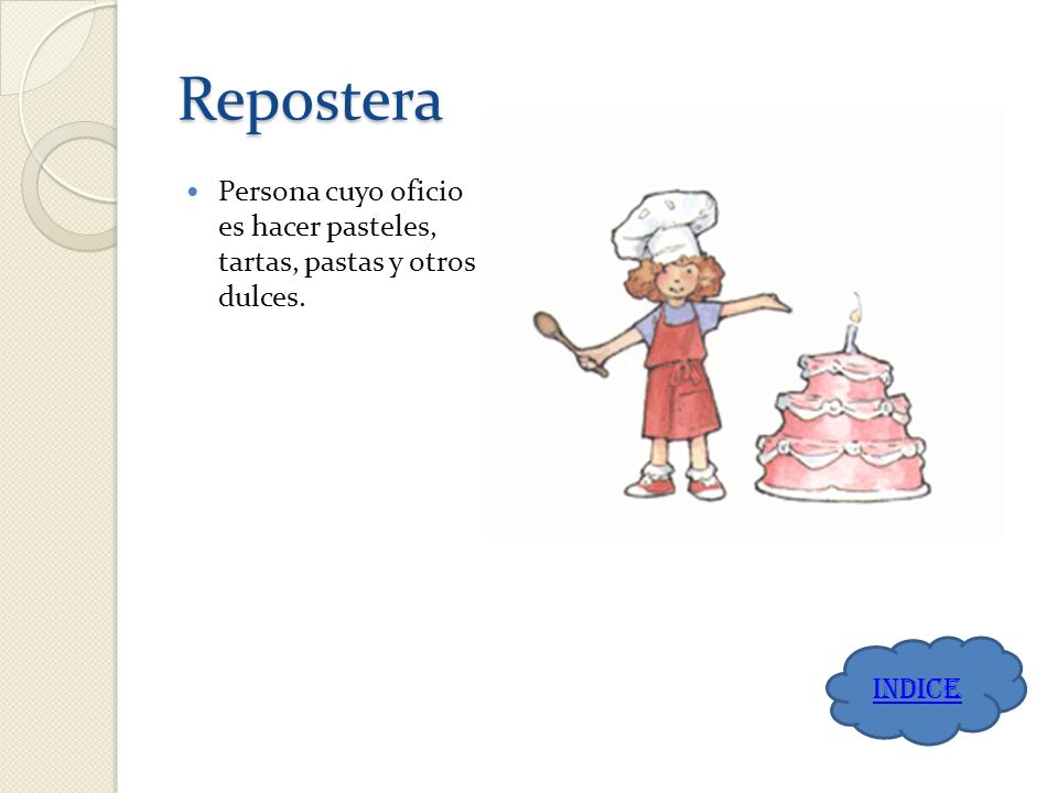 Repostera Persona cuyo oficio es hacer pasteles, tartas, pastas y otros dulces. INDICE