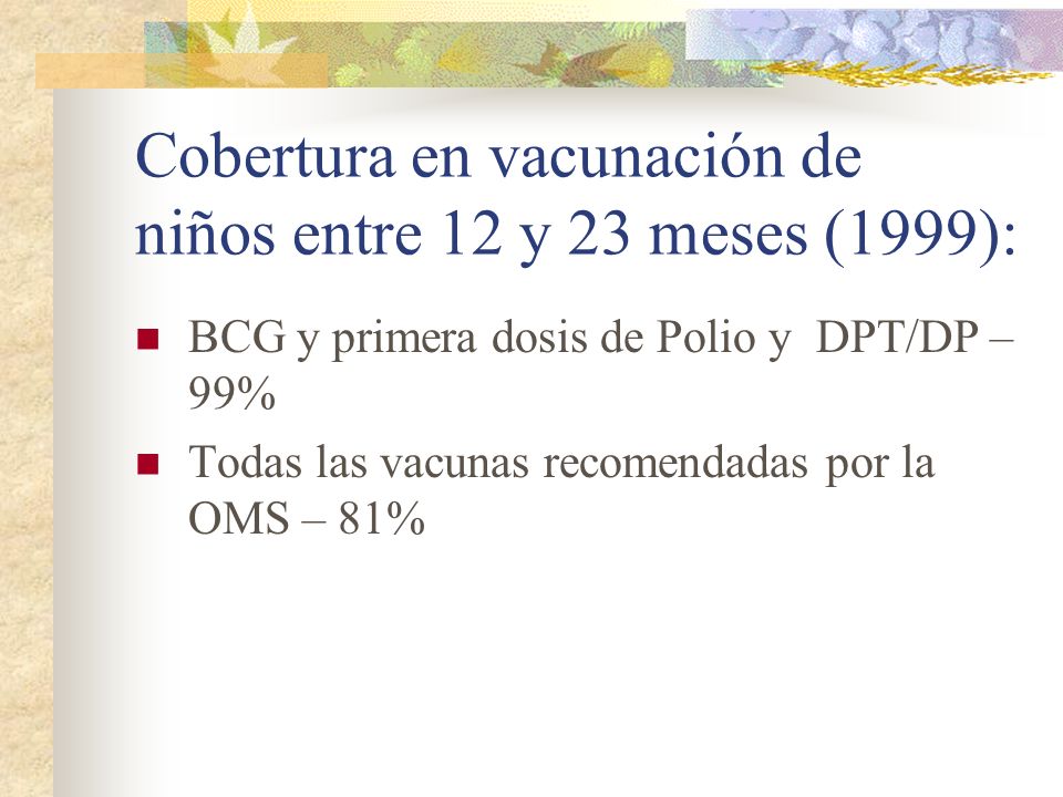 Cobertura en vacunación de niños entre 12 y 23 meses (1999):