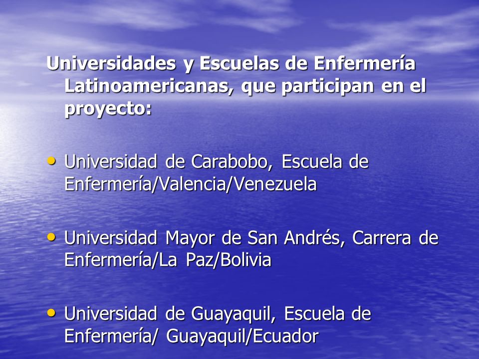 Universidades y Escuelas de Enfermería Latinoamericanas, que participan en el proyecto: