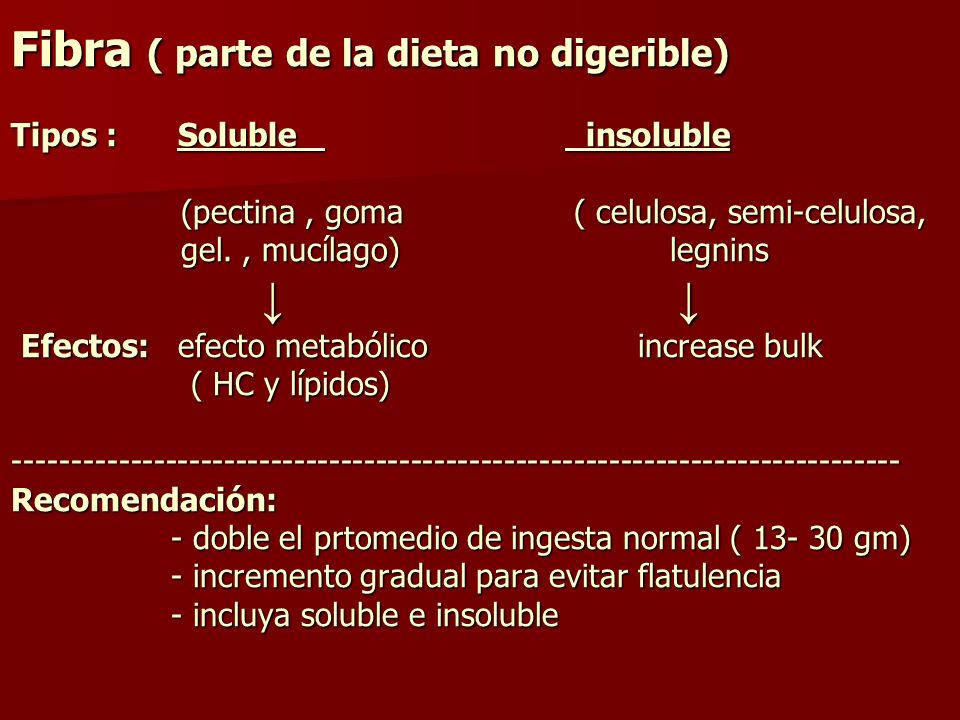Fibra ( parte de la dieta no digerible) Tipos : Soluble insoluble (pectina , goma ( celulosa, semi-celulosa, gel.