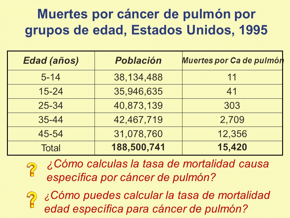 Muertes por cáncer de pulmón por grupos de edad, Estados Unidos, 1995