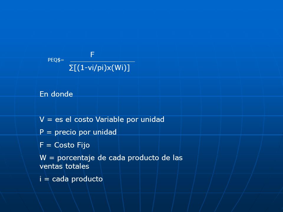 V = es el costo Variable por unidad P = precio por unidad
