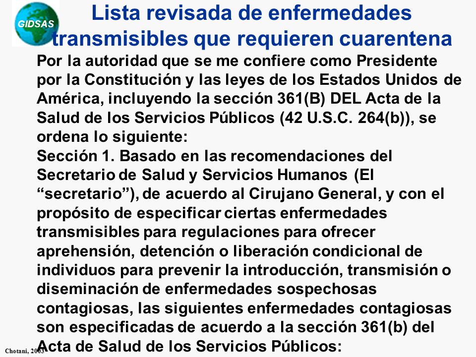 Lista revisada de enfermedades transmisibles que requieren cuarentena