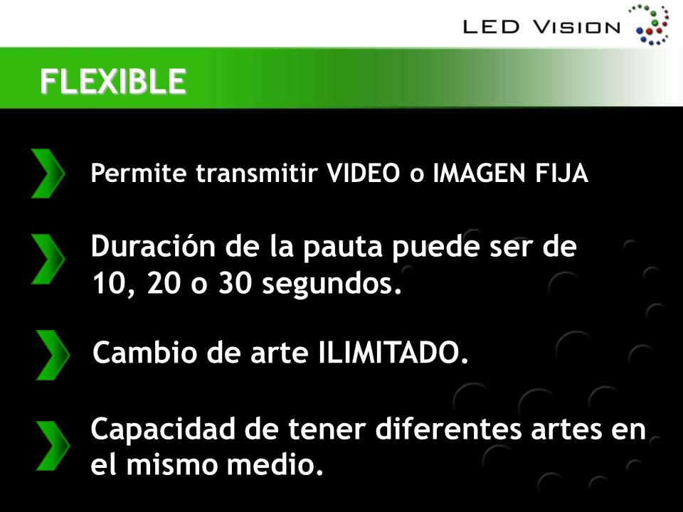 FLEXIBLE Duración de la pauta puede ser de 10, 20 o 30 segundos.
