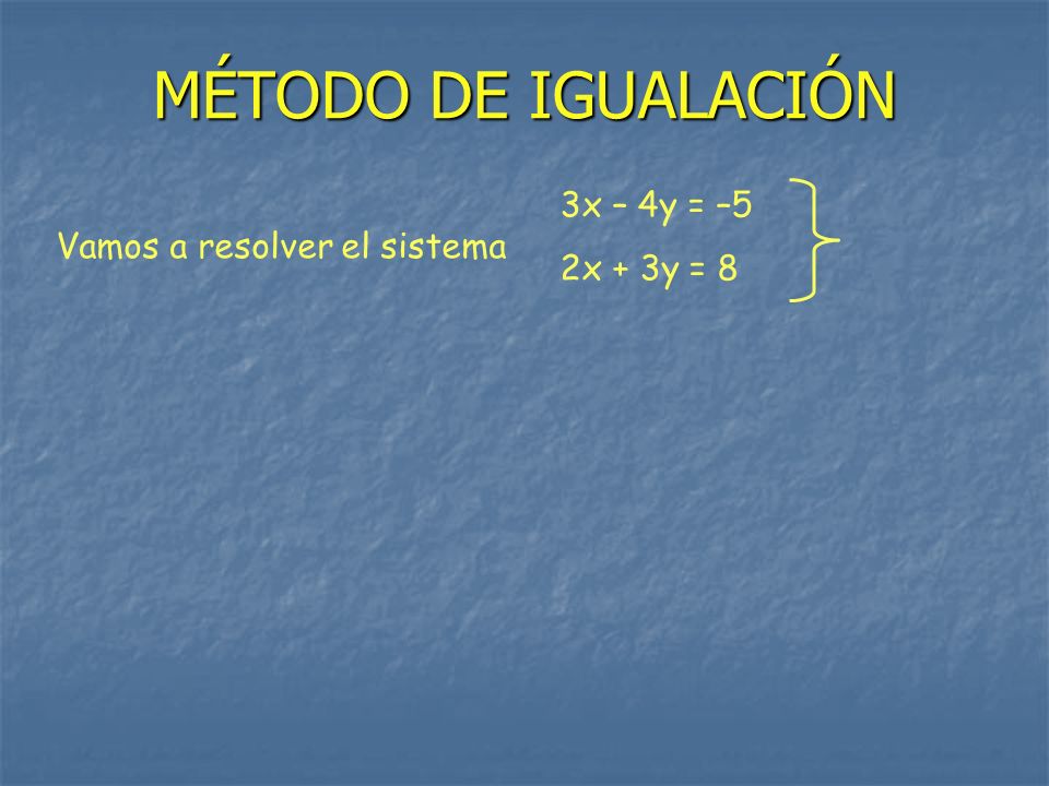 MÉTODO DE IGUALACIÓN 3x – 4y = –5 2x + 3y = 8