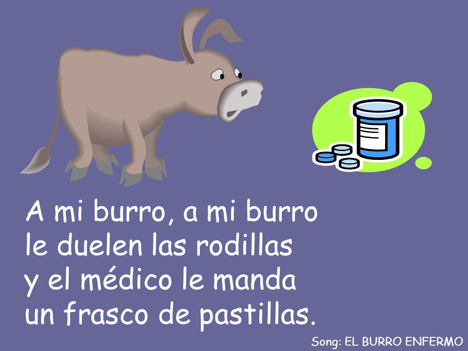 A mi burro, a mi burro le duelen las rodillas y el médico le manda un frasco de pastillas.