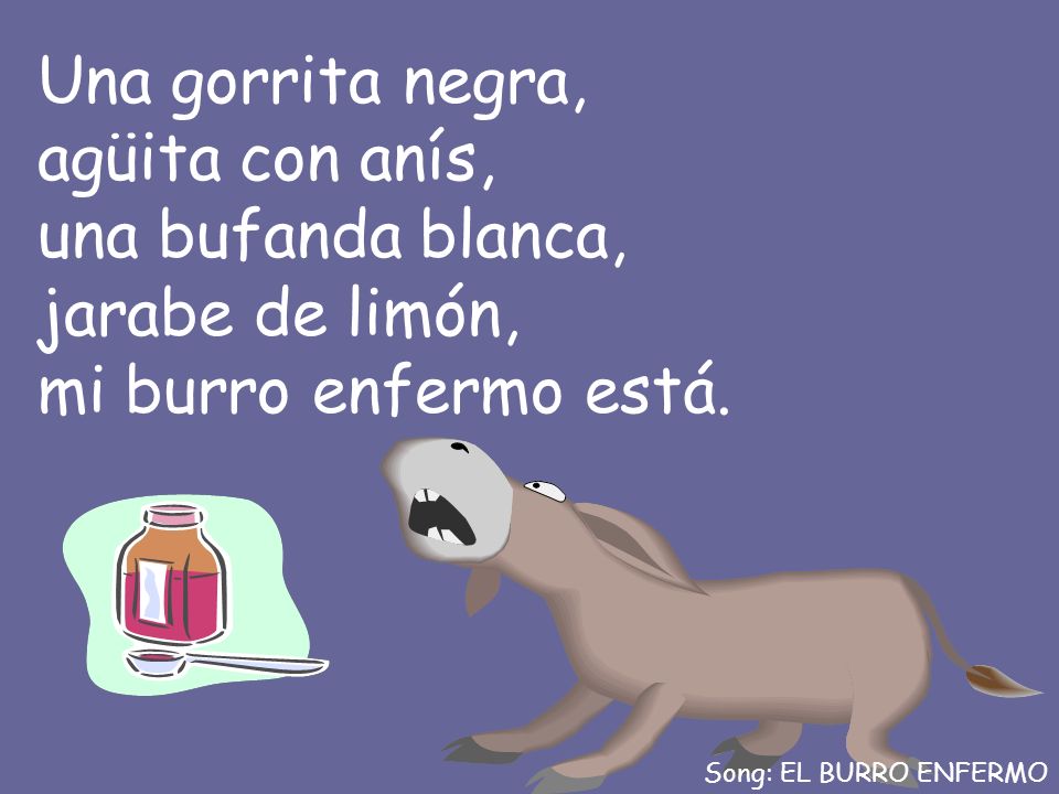Una gorrita negra, agüita con anís, una bufanda blanca, jarabe de limón, mi burro enfermo está.