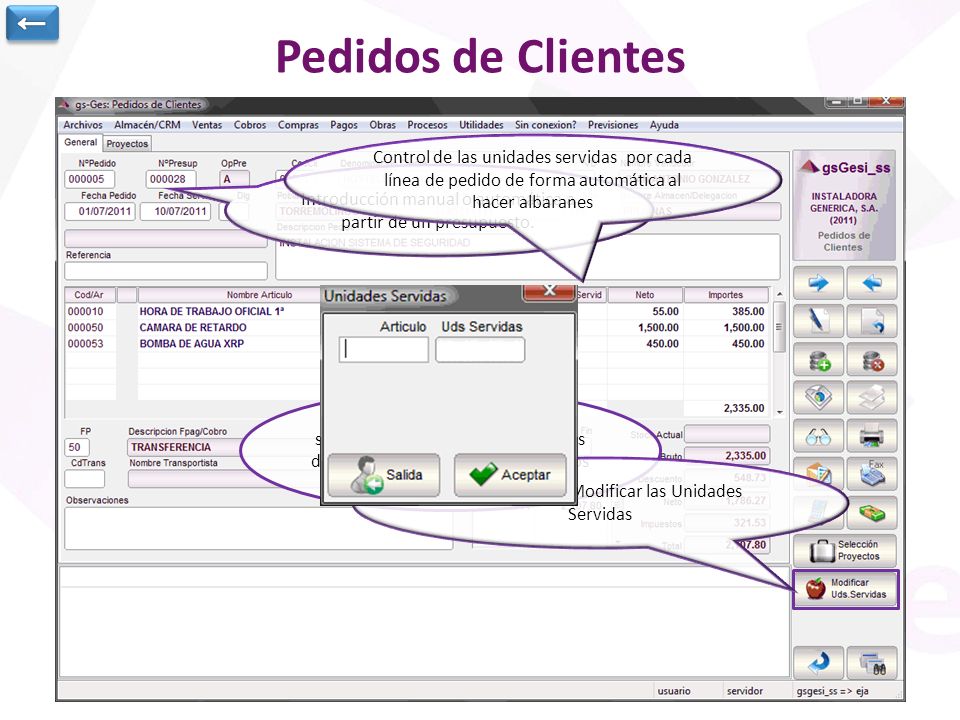 ← Pedidos de Clientes. Control de las unidades servidas por cada línea de pedido de forma automática al hacer albaranes.