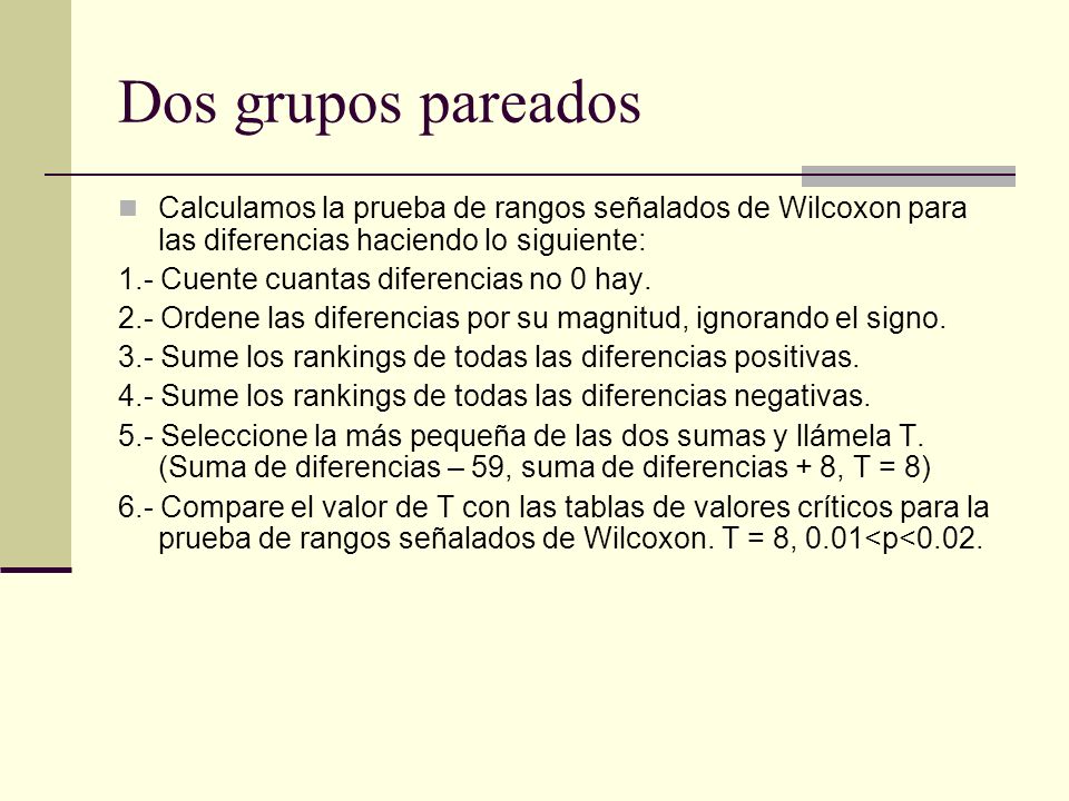 Dos grupos pareados Calculamos la prueba de rangos señalados de Wilcoxon para las diferencias haciendo lo siguiente: