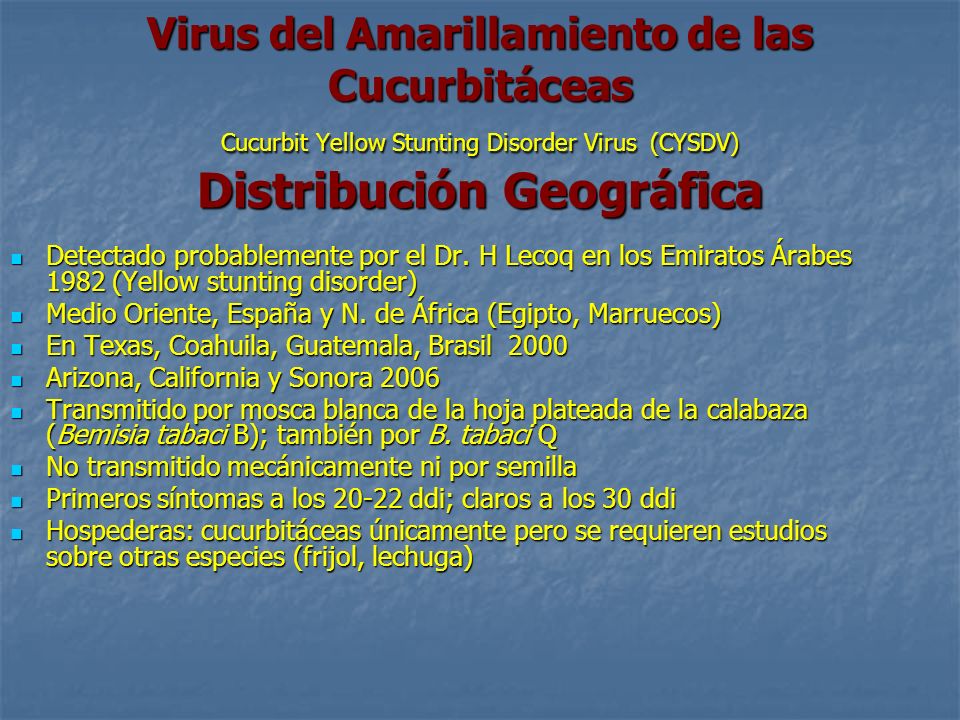 Virus del Amarillamiento de las Cucurbitáceas Cucurbit Yellow Stunting Disorder Virus (CYSDV) Distribución Geográfica