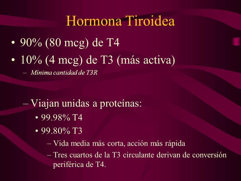 Hormona Tiroidea 90% (80 mcg) de T4 10% (4 mcg) de T3 (más activa)
