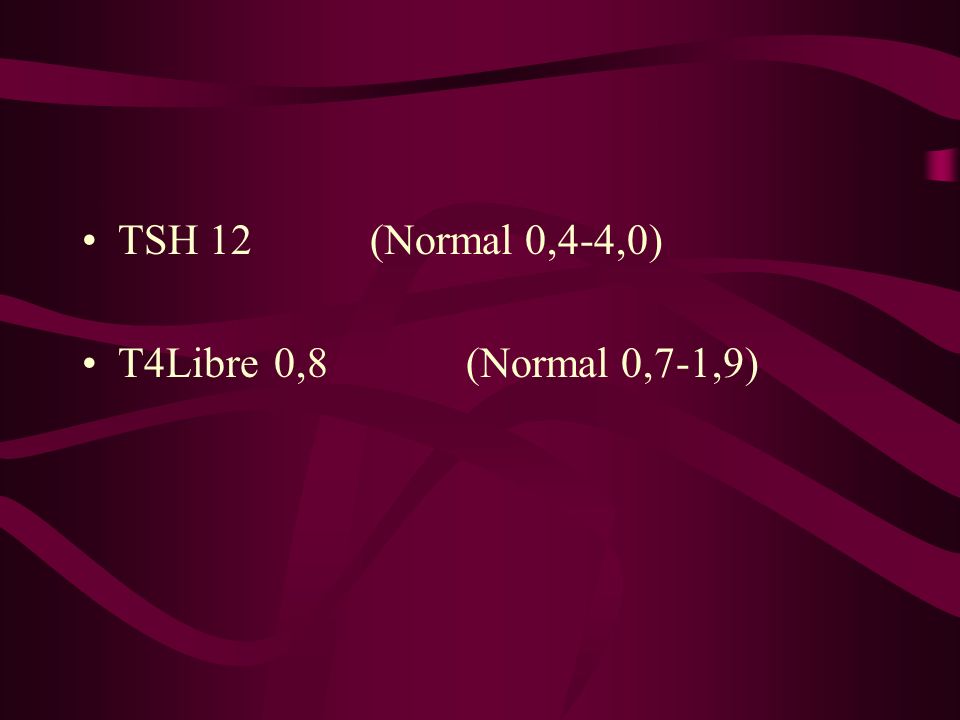 TSH 12 (Normal 0,4-4,0) T4Libre 0,8 (Normal 0,7-1,9)
