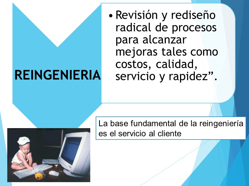 REINGENIERIA Revisión y rediseño radical de procesos para alcanzar mejoras tales como costos, calidad, servicio y rapidez .