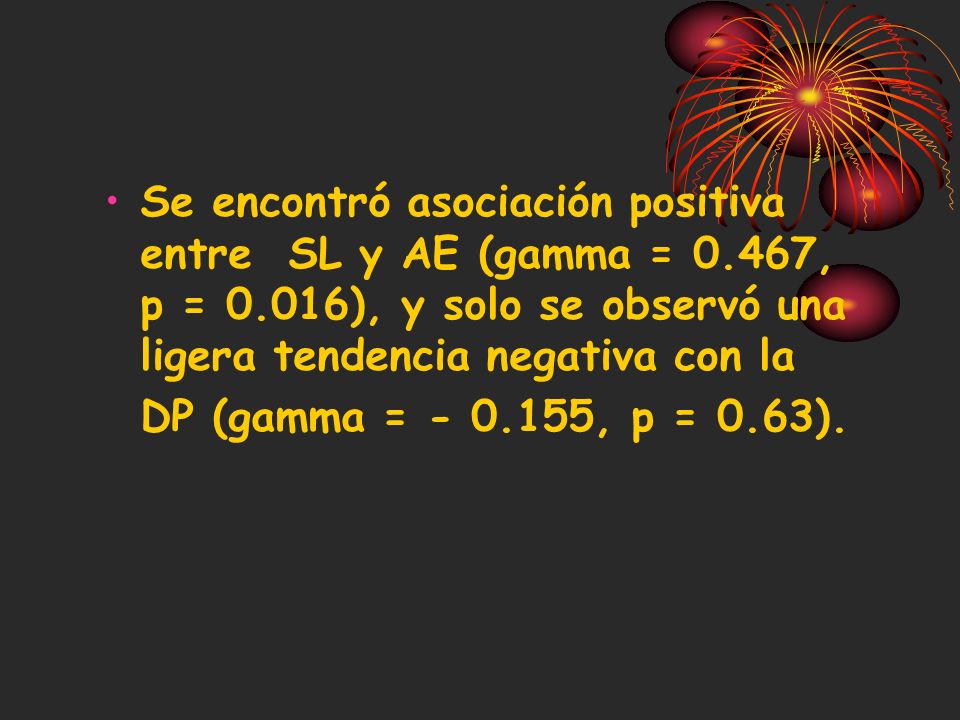 Se encontró asociación positiva entre SL y AE (gamma = , p = 0