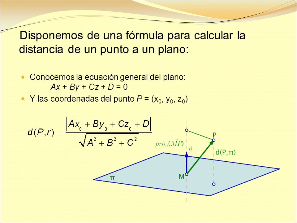 Disponemos de una fórmula para calcular la distancia de un punto a un plano: