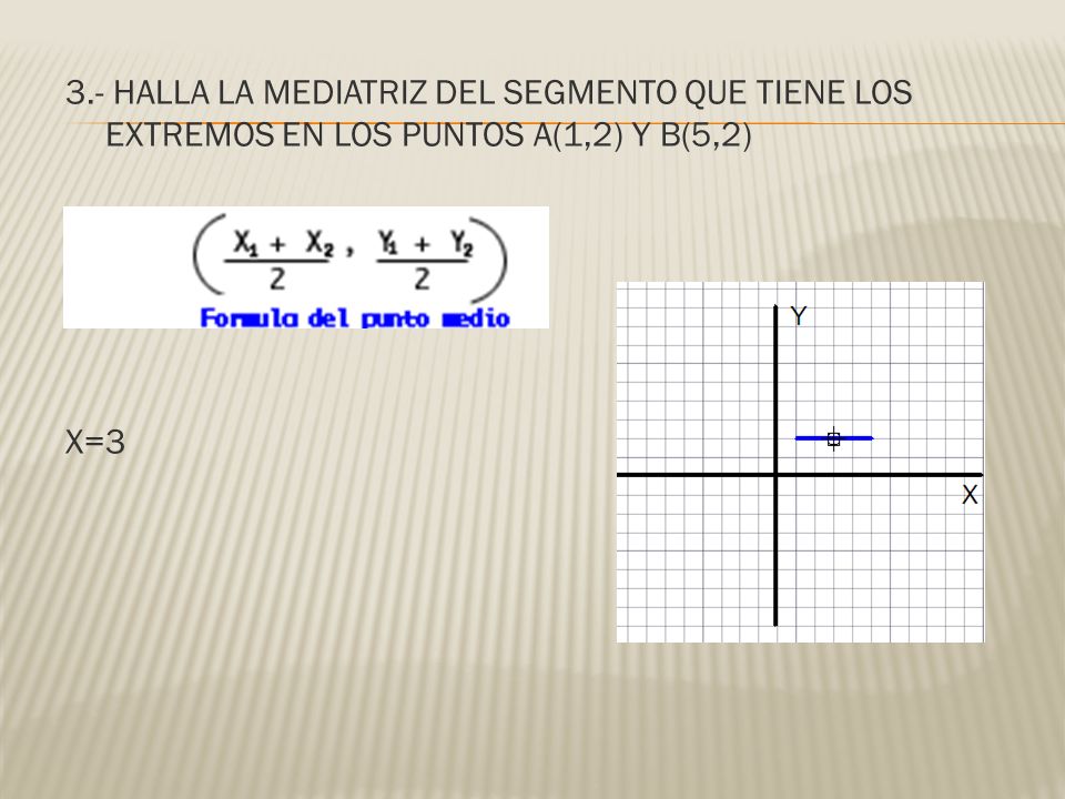 3.- HALLA LA MEDIATRIZ DEL SEGMENTO QUE TIENE LOS EXTREMOS EN LOS PUNTOS A(1,2) Y B(5,2) X=3