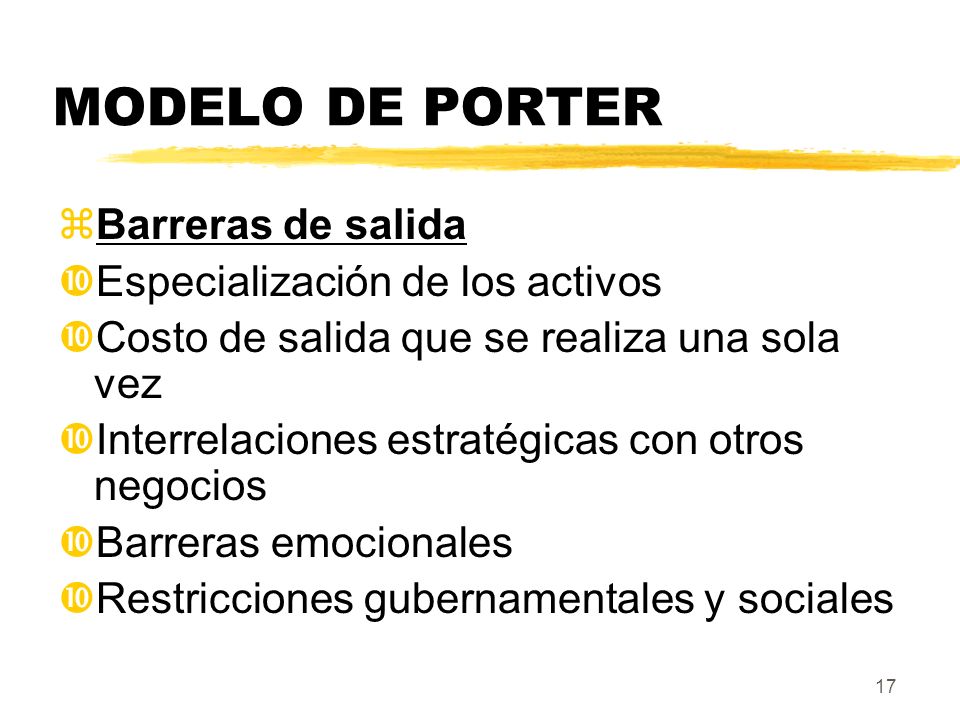 MODELO DE PORTER Barreras de salida Especialización de los activos