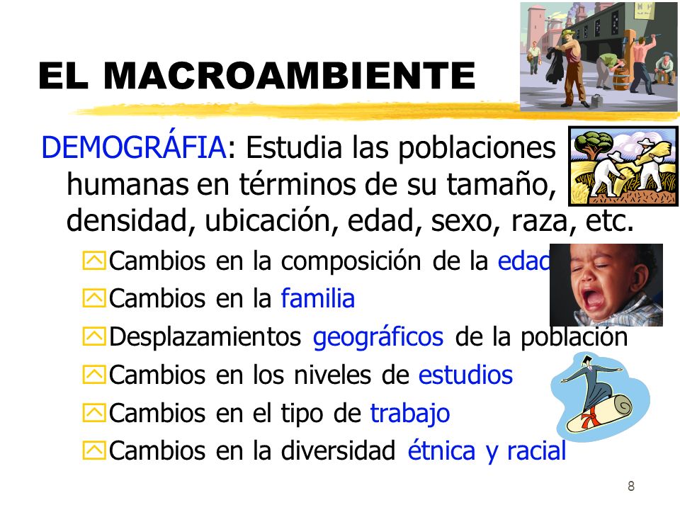 EL MACROAMBIENTE DEMOGRÁFIA: Estudia las poblaciones humanas en términos de su tamaño, densidad, ubicación, edad, sexo, raza, etc.