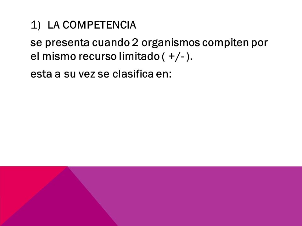 LA COMPETENCIA se presenta cuando 2 organismos compiten por el mismo recurso limitado ( +/- ).