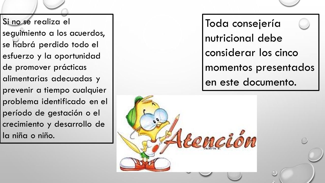 Si no se realiza el seguimiento a los acuerdos, se habrá perdido todo el esfuerzo y la oportunidad de promover prácticas alimentarias adecuadas y prevenir a tiempo cualquier problema identificado en el período de gestación o el crecimiento y desarrollo de la niña o niño.