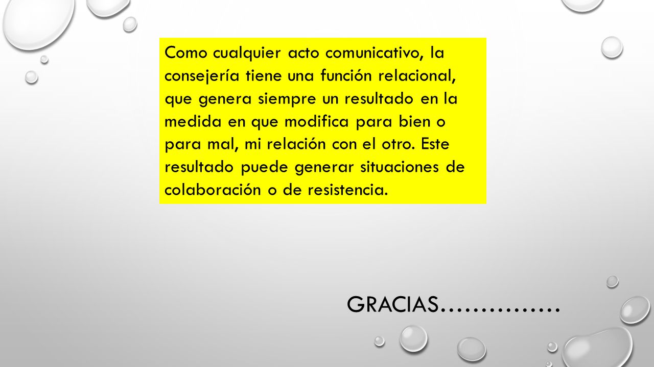 Como cualquier acto comunicativo, la consejería tiene una función relacional, que genera siempre un resultado en la medida en que modifica para bien o para mal, mi relación con el otro. Este resultado puede generar situaciones de colaboración o de resistencia.