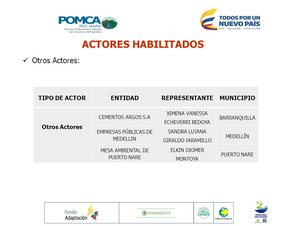 ACTORES HABILITADOS Otros Actores: TIPO DE ACTOR ENTIDAD REPRESENTANTE