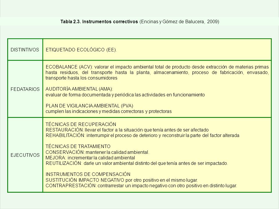 Tabla 2.3. Instrumentos correctivos (Encinas y Gómez de Balucera, 2009)