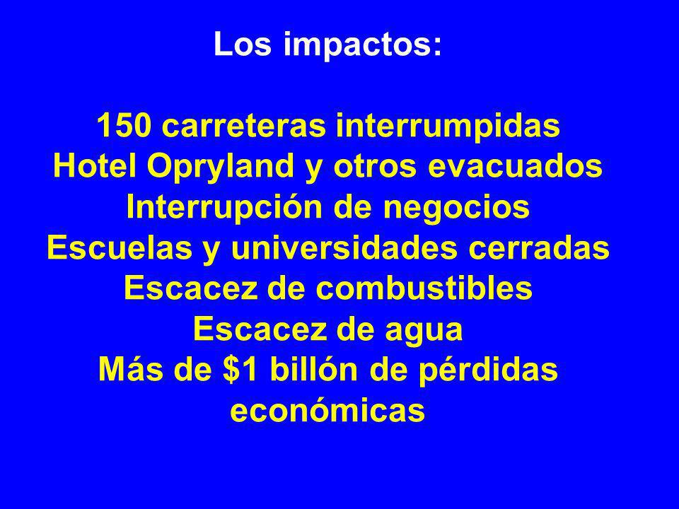 Los impactos: 150 carreteras interrumpidas Hotel Opryland y otros evacuados Interrupción de negocios Escuelas y universidades cerradas Escacez de combustibles Escacez de agua Más de $1 billón de pérdidas económicas