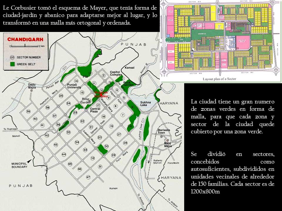 Le Corbusier tomó el esquema de Mayer, que tenía forma de ciudad-jardín y abanico para adaptarse mejor al lugar, y lo transformó en una malla más ortogonal y ordenada.