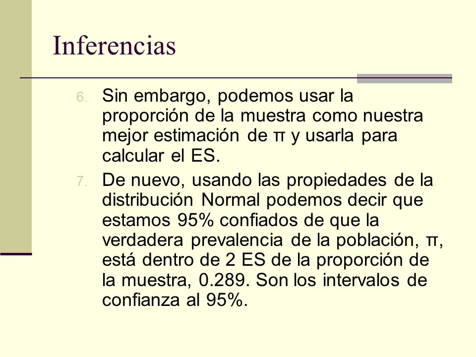 Inferencias Sin embargo, podemos usar la proporción de la muestra como nuestra mejor estimación de π y usarla para calcular el ES.