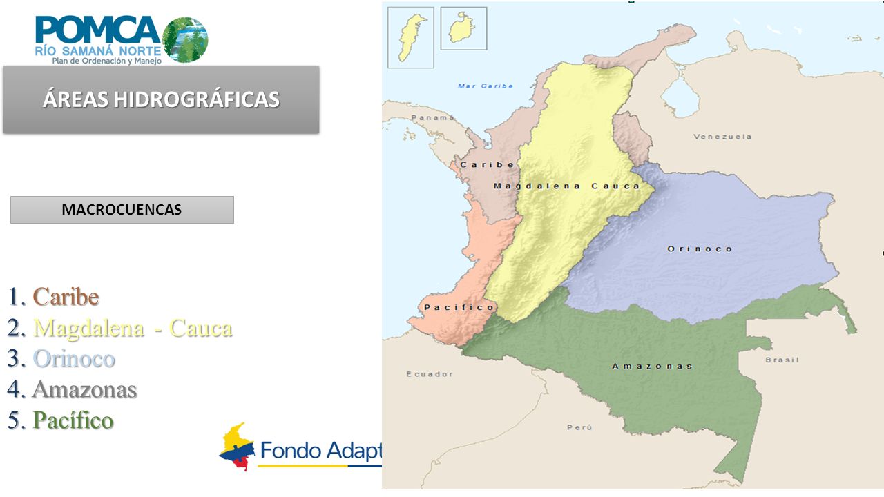 1. Caribe 2. Magdalena - Cauca 3. Orinoco 4. Amazonas 5. Pacífico