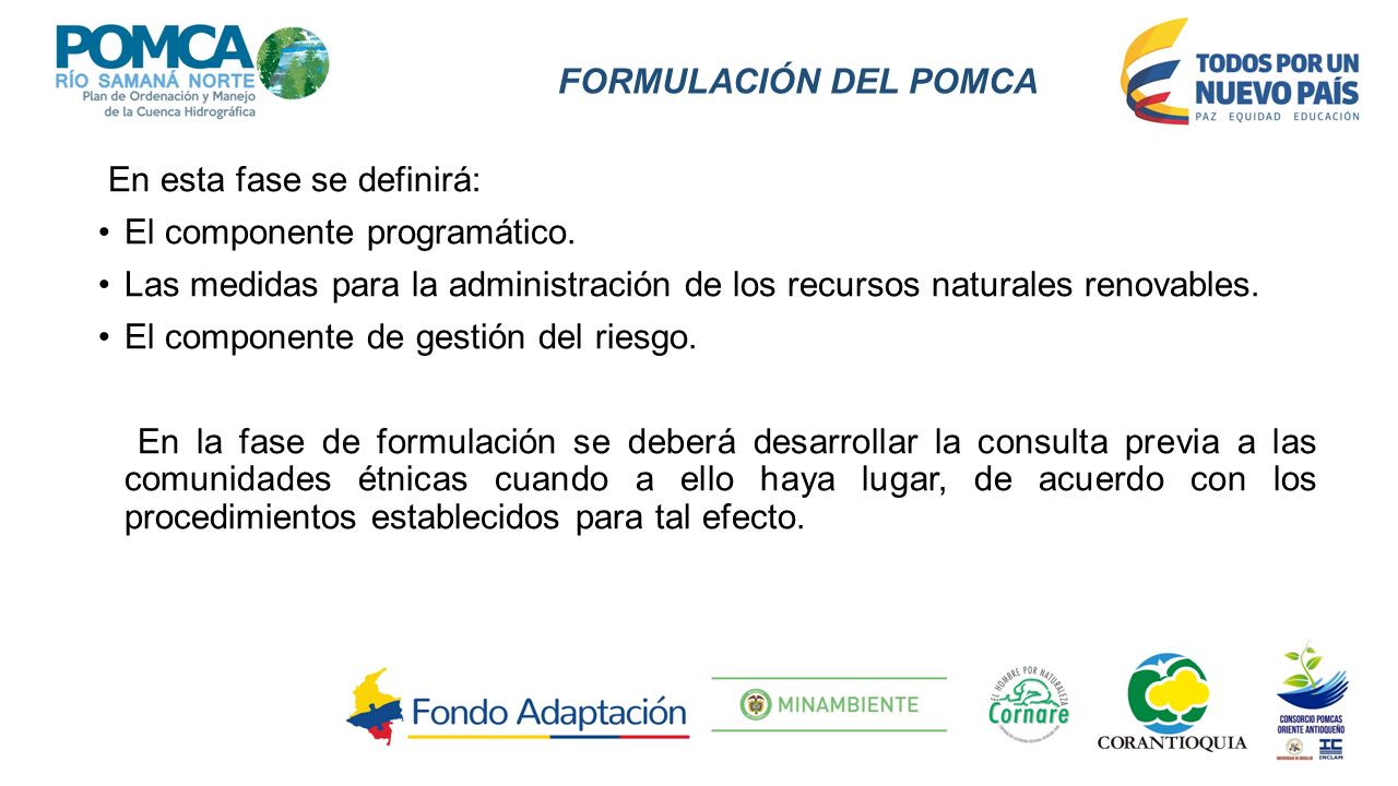 FORMULACIÓN DEL POMCA En esta fase se definirá: El componente programático.