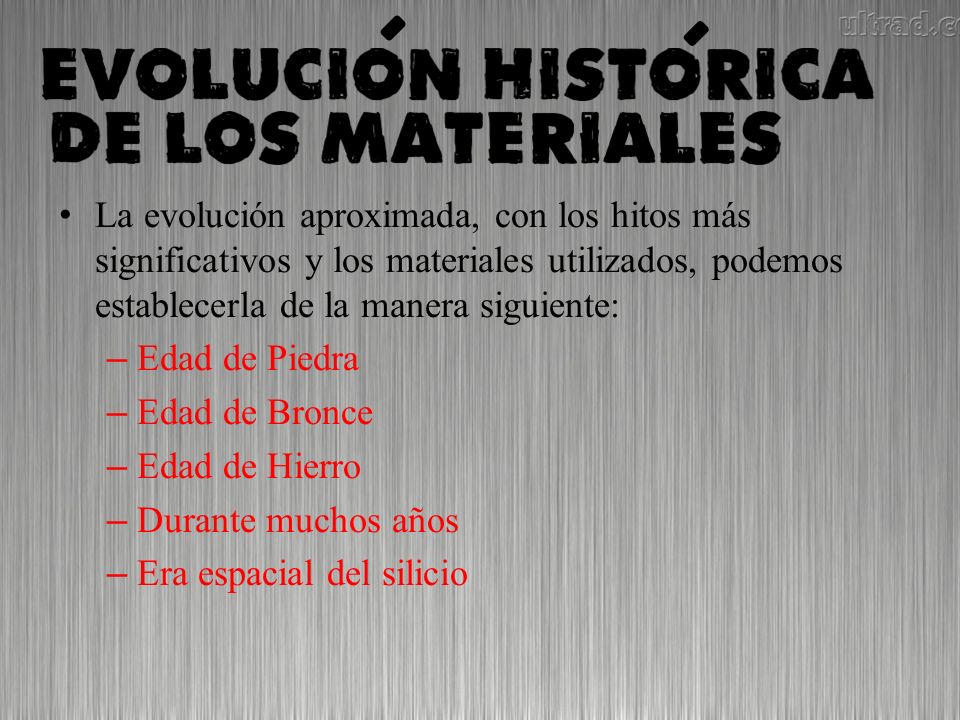 La evolución aproximada, con los hitos más significativos y los materiales utilizados, podemos establecerla de la manera siguiente: