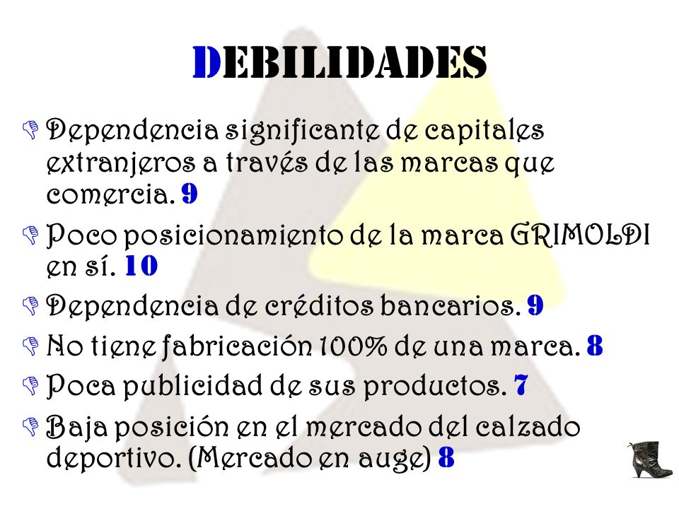 DEBILIDADES Dependencia significante de capitales extranjeros a través de las marcas que comercia. 9.